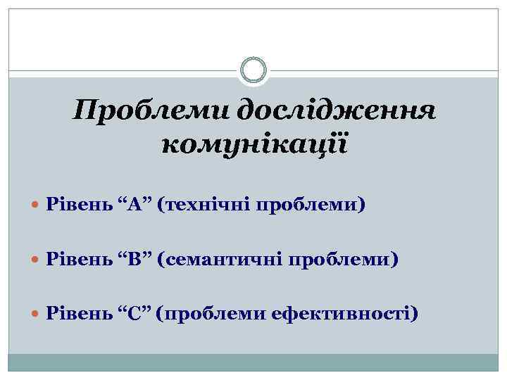 Проблеми дослідження комунікації Рівень “А” (технічні проблеми) Рівень “В” (семантичні проблеми) Рівень “С” (проблеми