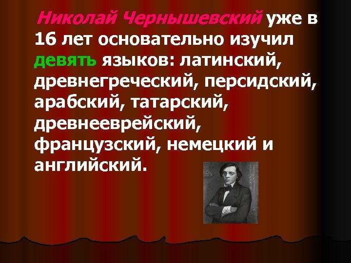 Николай Чернышевский уже в 16 лет основательно изучил девять языков: латинский, древнегреческий, персидский, арабский,