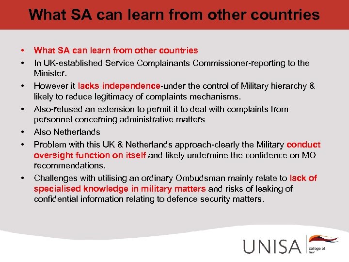 What SA can learn from other countries • • What SA can learn from