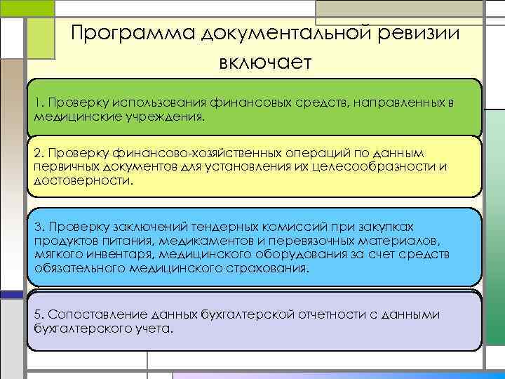 Программа документальной ревизии включает 1. Проверку использования финансовых средств, направленных в медицинские учреждения. 2.