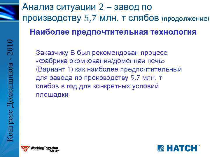 Анализ ситуации 2 – завод по производству 5, 7 млн. т слябов (продолжение) Конгресс