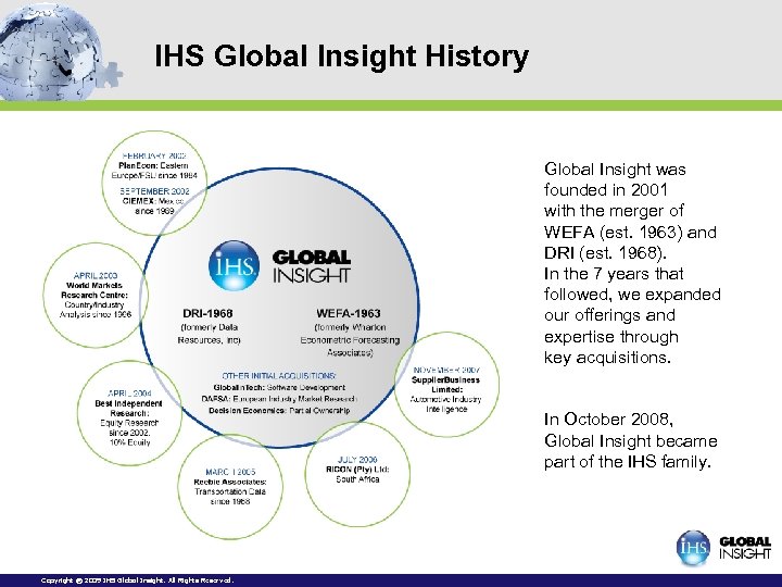 IHS Global Insight History Global Insight was founded in 2001 with the merger of