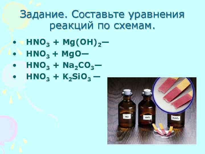 Задание. Составьте уравнения реакций по схемам. • • HNO 3 + Mg(OH)2— HNO 3