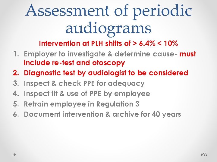 Assessment of periodic audiograms 1. 2. 3. 4. 5. 6. Intervention at PLH shifts