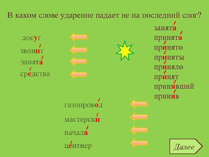 В каком слове ударение падает не на последний слог? занята принята досуг принято звонит