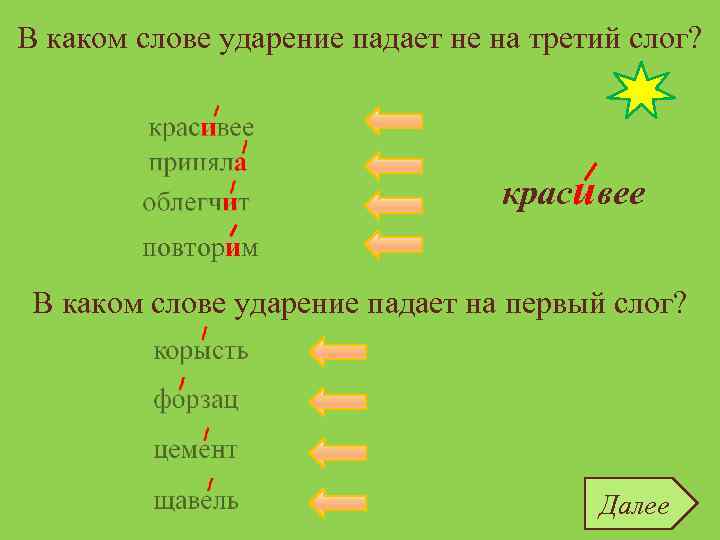 В каком слове ударение падает не на третий слог? красивее приняла облегчит красивее повторим