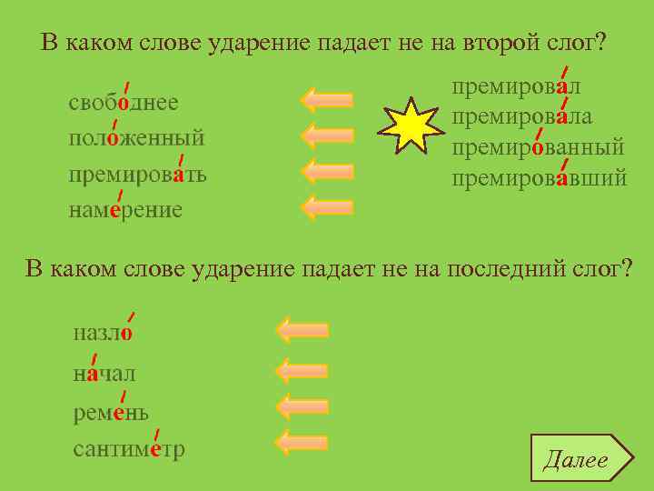 В каком слове ударение падает не на второй слог? свободнее положенный премировать намерение премировала