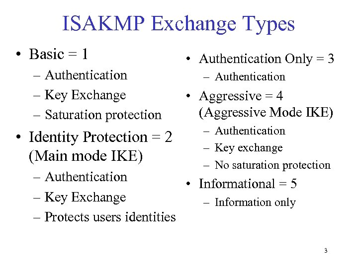 ISAKMP Exchange Types • Basic = 1 – Authentication – Key Exchange – Saturation