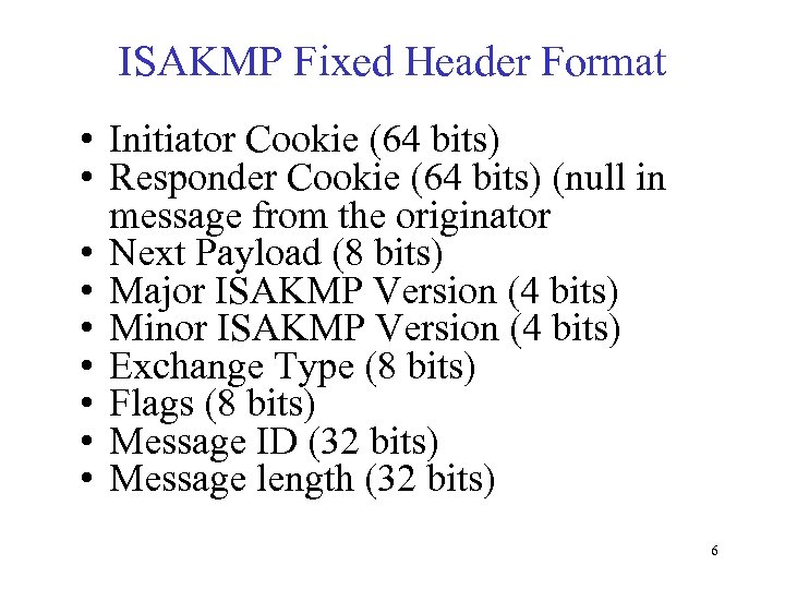 ISAKMP Fixed Header Format • Initiator Cookie (64 bits) • Responder Cookie (64 bits)