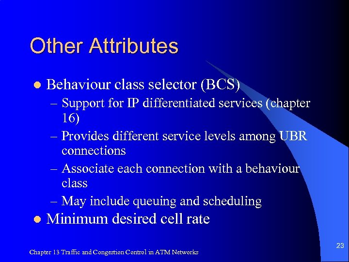 Other Attributes l Behaviour class selector (BCS) – Support for IP differentiated services (chapter