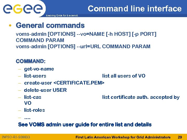 Command line interface Enabling Grids for E-scienc. E • General commands voms-admin [OPTIONS] --vo=NAME