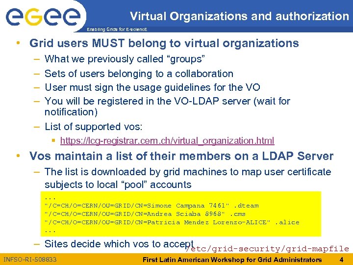 Virtual Organizations and authorization Enabling Grids for E-scienc. E • Grid users MUST belong