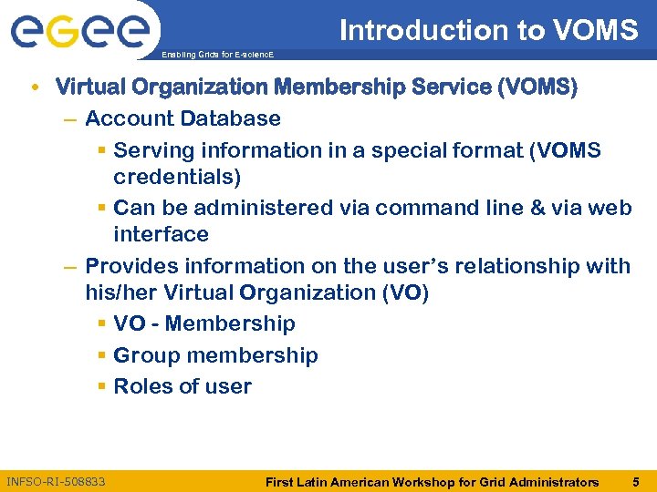 Introduction to VOMS Enabling Grids for E-scienc. E • Virtual Organization Membership Service (VOMS)