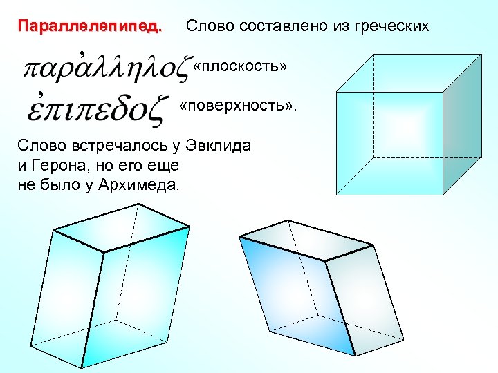 Параллелепипед. , , Слово составлено из греческих «плоскость» «поверхность» . Слово встречалось у Эвклида