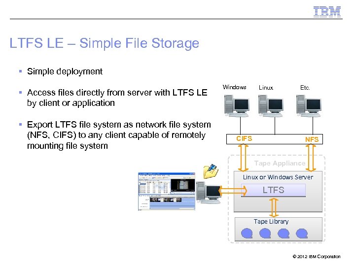 LTFS LE – Simple File Storage Simple deployment Access files directly from server with