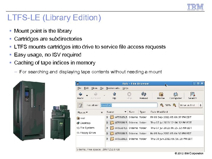 LTFS-LE (Library Edition) Mount point is the library Cartridges are subdirectories LTFS mounts cartridges