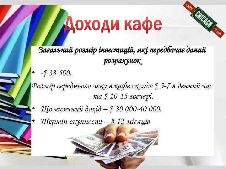 Загальний розмір інвестицій, які передбачає даний розрахунок • -$ 33 500. Розмір середнього чека