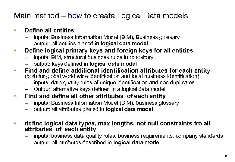 Main method – how to create Logical Data models • Define all entities –
