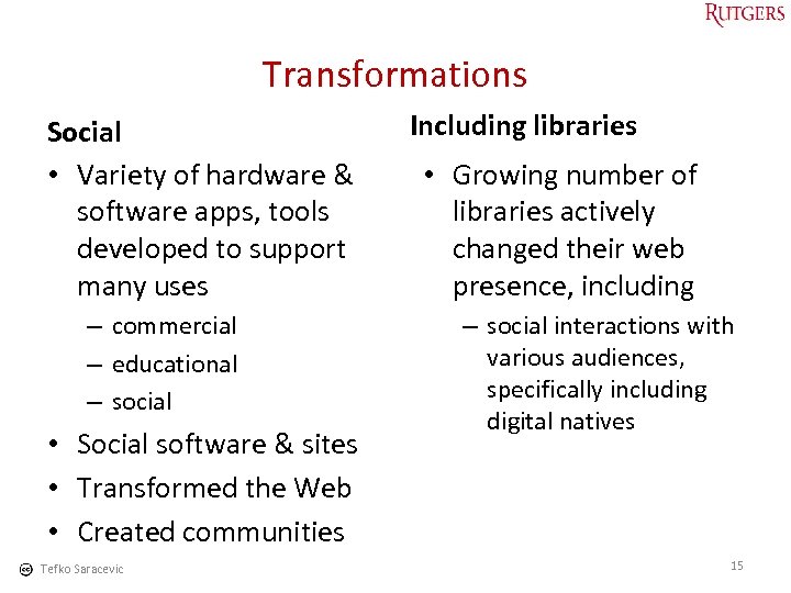 Transformations Social • Variety of hardware & software apps, tools developed to support many