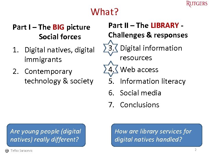 What? Part I – The BIG picture Social forces Part II – The LIBRARY