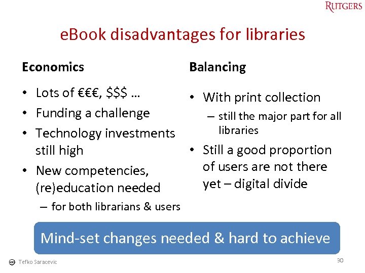 e. Book disadvantages for libraries Economics Balancing • Lots of €€€, $$$ … •