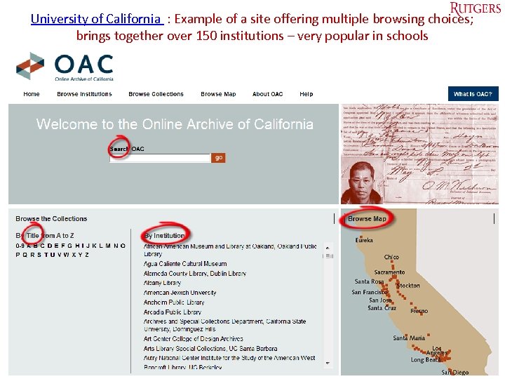 University of California : Example of a site offering multiple browsing choices; brings together