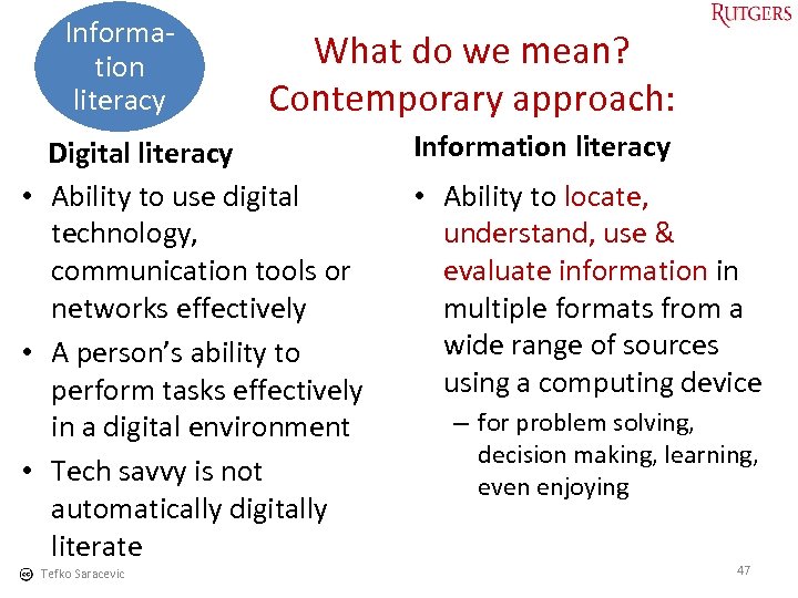 Information literacy What do we mean? Contemporary approach: Digital literacy • Ability to use