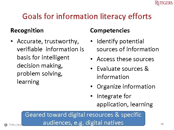 Goals for information literacy efforts Recognition Competencies • Accurate, trustworthy, • Identify potential verifiable