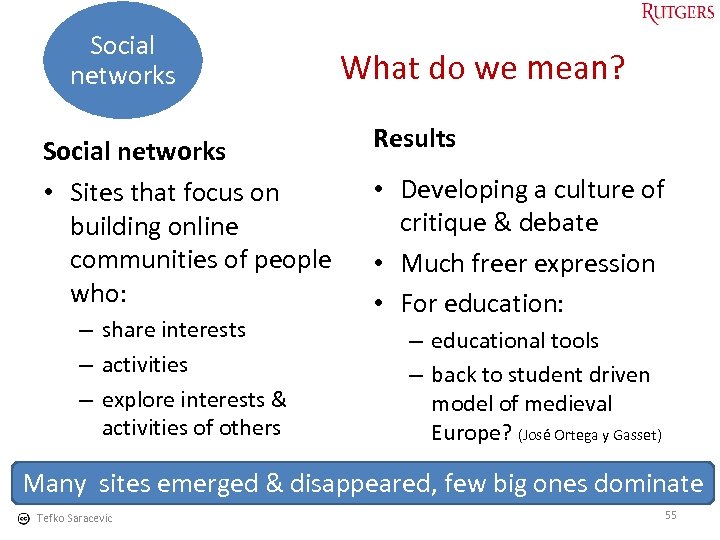 Social networks • Sites that focus on building online communities of people who: –