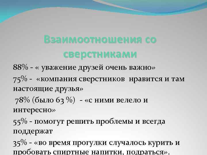 Взаимоотношения со сверстниками 88% - « уважение друзей очень важно» 75% - «компания сверстников