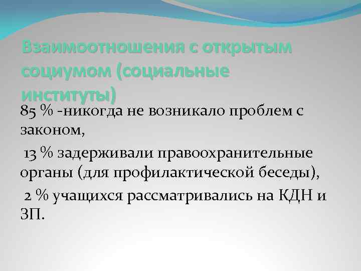 Взаимоотношения с открытым социумом (социальные институты) 85 % -никогда не возникало проблем с законом,