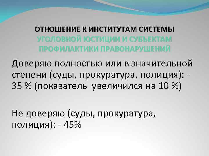 ОТНОШЕНИЕ К ИНСТИТУТАМ СИСТЕМЫ УГОЛОВНОЙ ЮСТИЦИИ И СУБЪЕКТАМ ПРОФИЛАКТИКИ ПРАВОНАРУШЕНИЙ Доверяю полностью или в