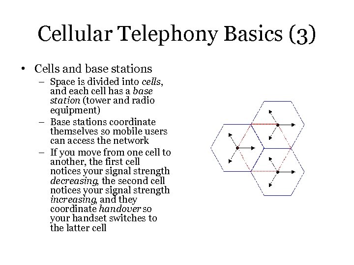 Cellular Telephony Basics (3) • Cells and base stations – Space is divided into