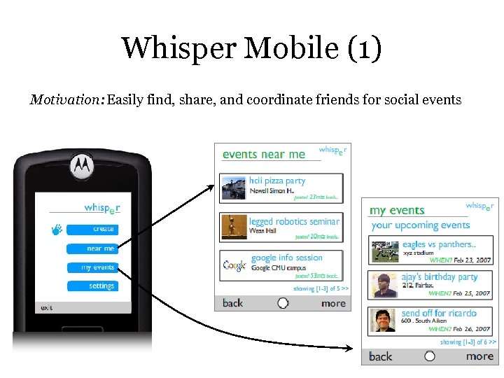 Whisper Mobile (1) Motivation: Easily find, share, and coordinate friends for social events 