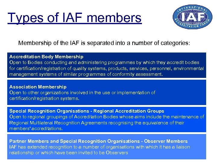 Types of IAF members Membership of the IAF is separated into a number of