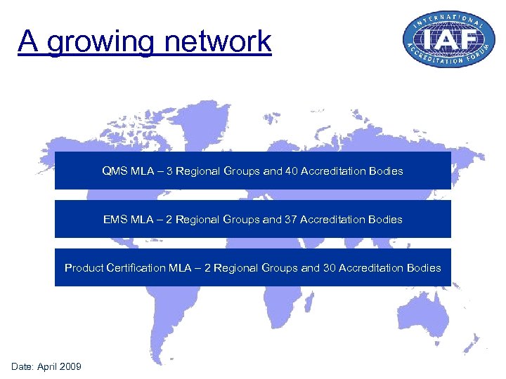 A growing network QMS MLA – 3 Regional Groups and 40 Accreditation Bodies EMS