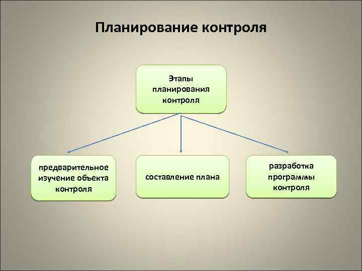 Планирование контроля Этапы планирования контроля предварительное изучение объекта контроля составление плана разработка программы контроля