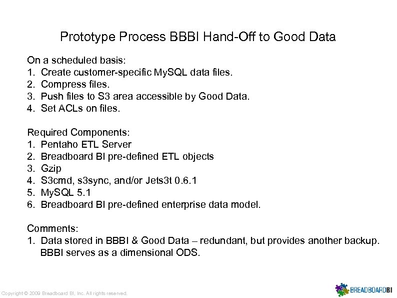 Prototype Process BBBI Hand-Off to Good Data On a scheduled basis: 1. Create customer-specific