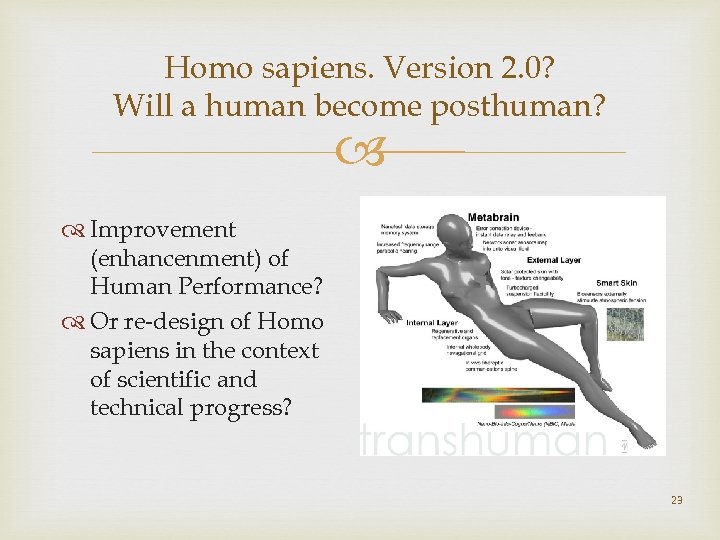 Homo sapiens. Version 2. 0? Will a human become posthuman? Improvement (enhancenment) of Human