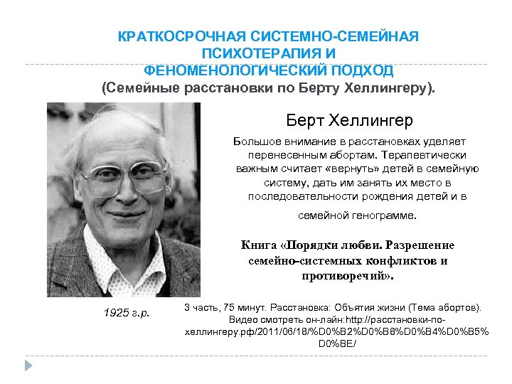 КРАТКОСРОЧНАЯ СИСТЕМНО-СЕМЕЙНАЯ ПСИХОТЕРАПИЯ И ФЕНОМЕНОЛОГИЧЕСКИЙ ПОДХОД (Семейные расстановки по Берту Хеллингеру). Берт Хеллингер Большое