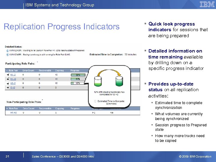 IBM Systems and Technology Group Replication Progress Indicators Quick look progress indicators for sessions