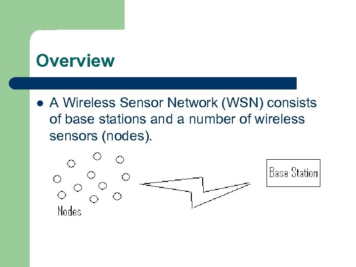 Overview l A Wireless Sensor Network (WSN) consists of base stations and a number