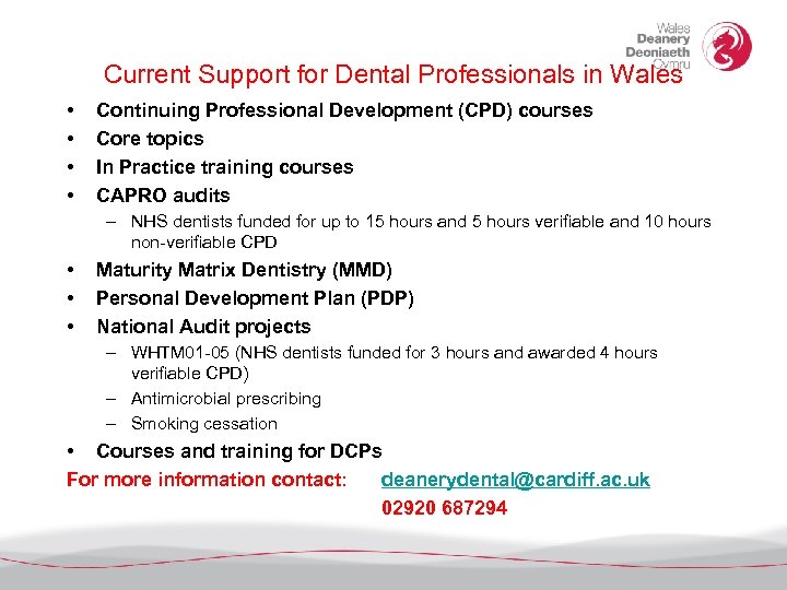 Current Support for Dental Professionals in Wales • • Continuing Professional Development (CPD) courses