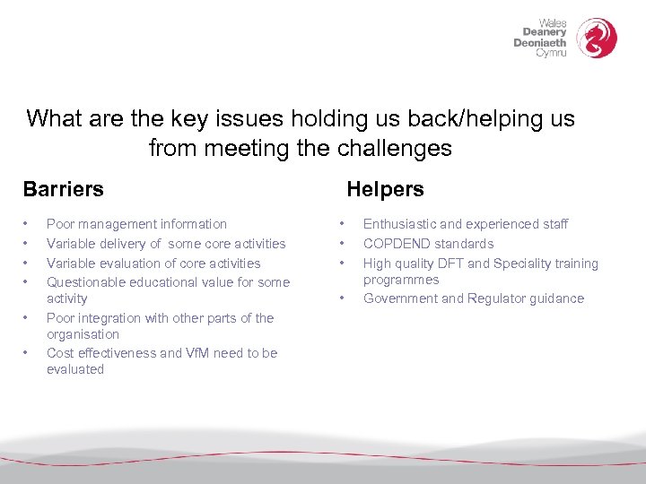 What are the key issues holding us back/helping us from meeting the challenges Barriers