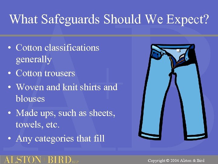 What Safeguards Should We Expect? • Cotton classifications generally • Cotton trousers • Woven