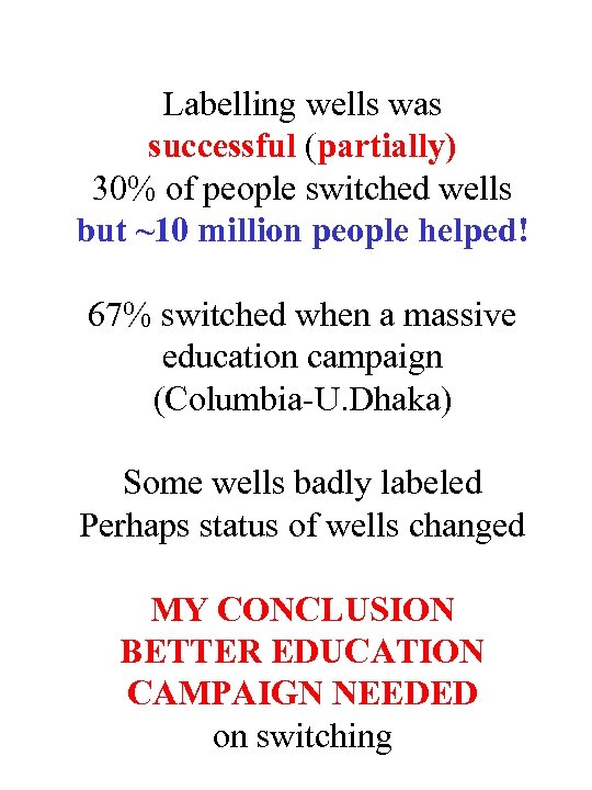 Labelling wells was successful (partially) 30% of people switched wells but ~10 million people
