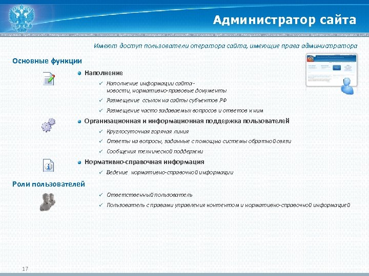 Администратор сайта Имеют доступ пользователи оператора сайта, имеющие права администратора Основные функции Наполнение ü