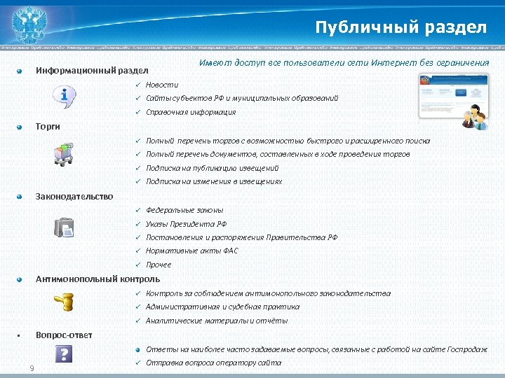 Публичный раздел Информационный раздел Имеют доступ все пользователи сети Интернет без ограничения ü Новости