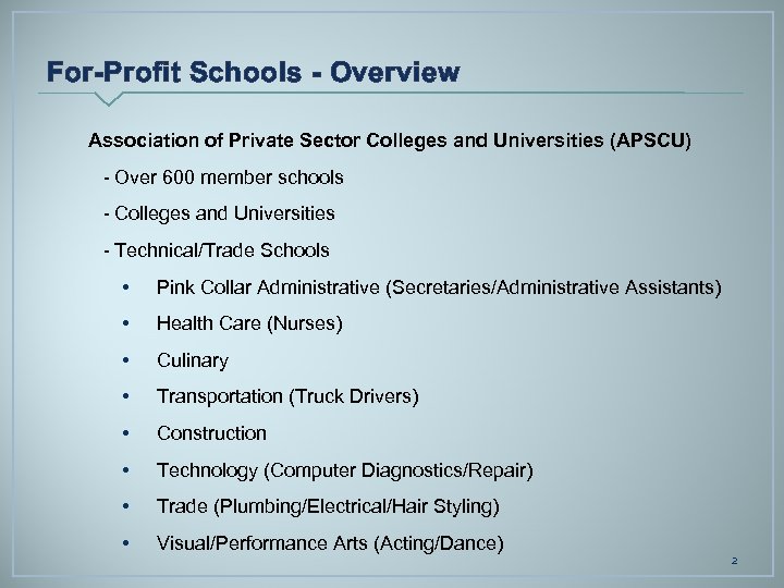 For-Profit Schools - Overview Association of Private Sector Colleges and Universities (APSCU) - Over