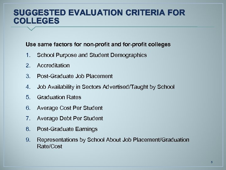 SUGGESTED EVALUATION CRITERIA FOR COLLEGES Use same factors for non-profit and for-profit colleges 1.